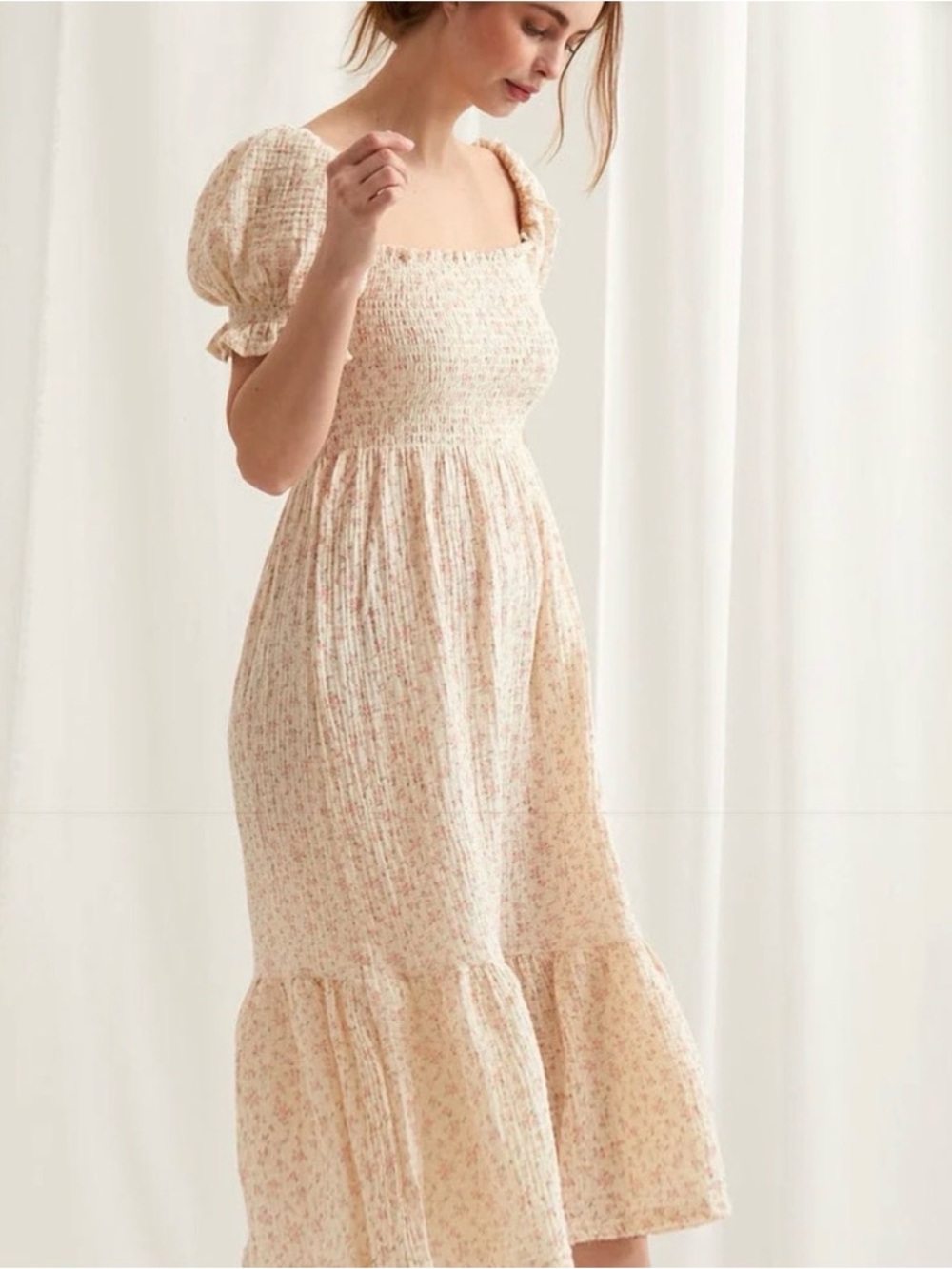 Nothing Fits But Sakura Dress Square-Neck Midi Dress in Soft Peach Floral